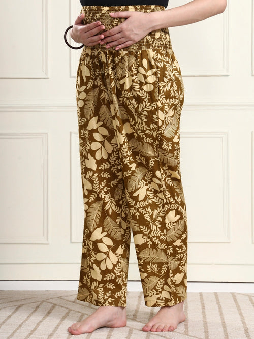 Frempy Women Olive Leaf Print Smocked Waist Pure Cotton Maternity Trousers