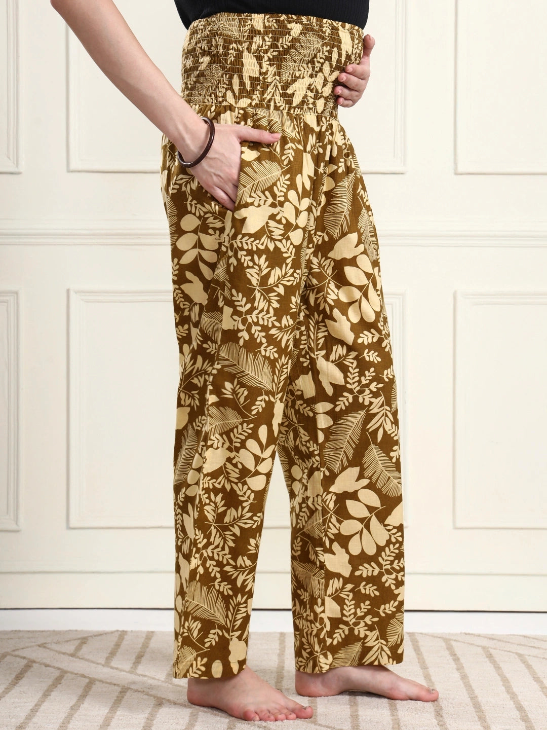 Frempy Women Olive Leaf Print Smocked Waist Pure Cotton Maternity Trousers