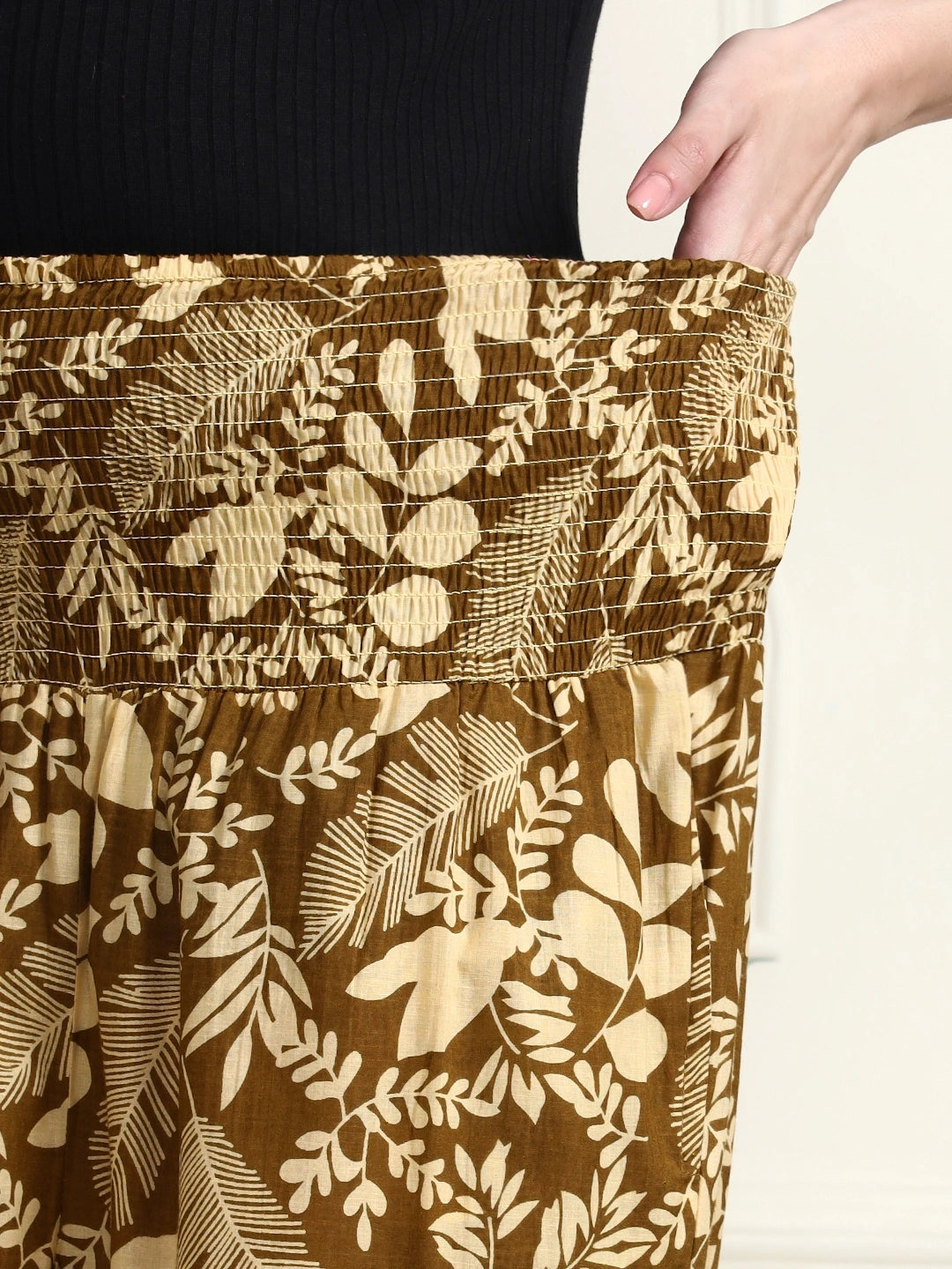 Frempy Women Olive Leaf Print Smocked Waist Pure Cotton Maternity Trousers