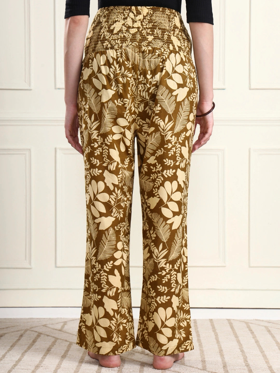 Frempy Women Olive Leaf Print Smocked Waist Pure Cotton Maternity Trousers