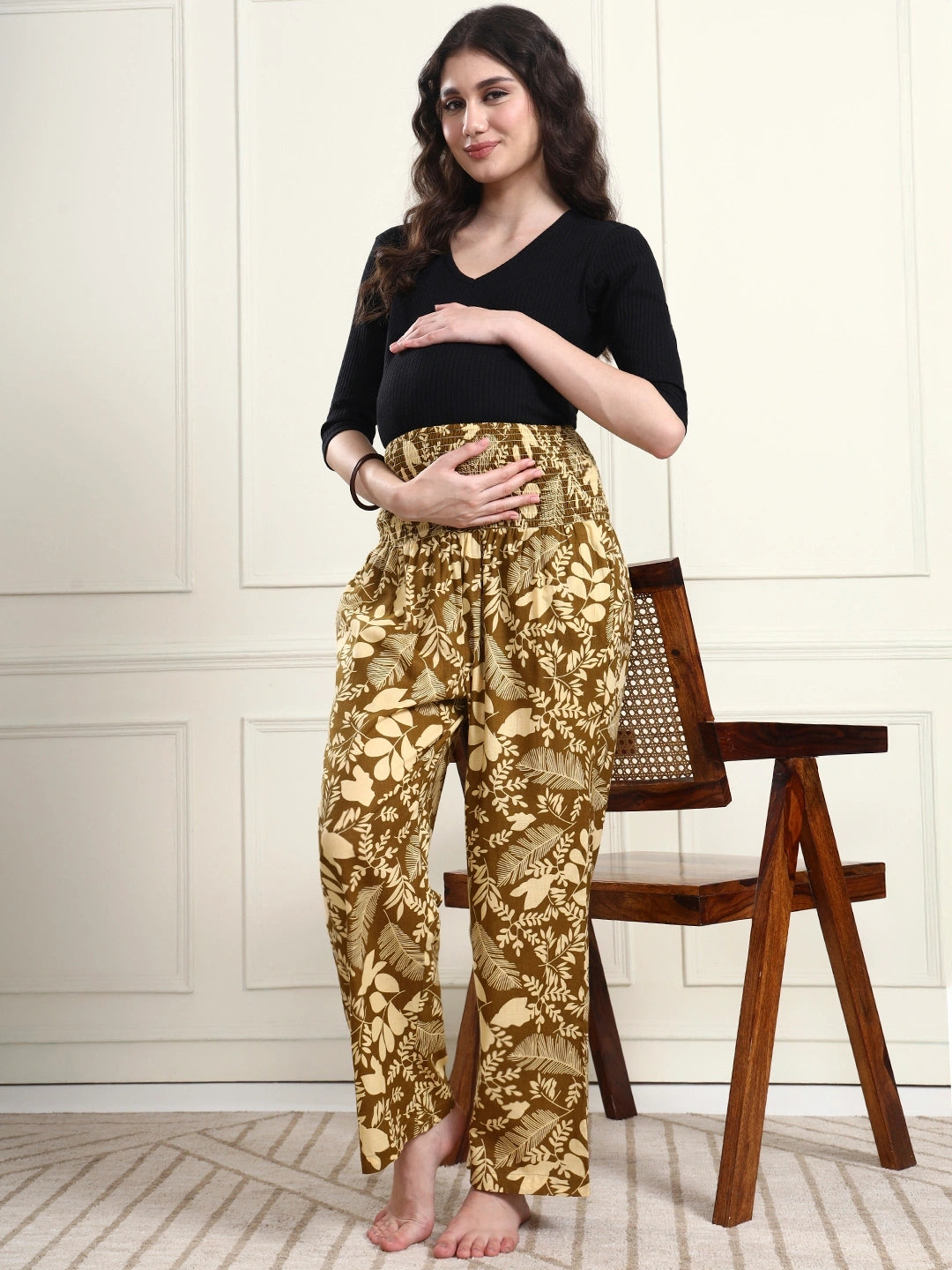 Frempy Women Olive Leaf Print Smocked Waist Pure Cotton Maternity Trousers