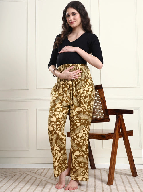Frempy Women Olive Leaf Print Smocked Waist Pure Cotton Maternity Trousers