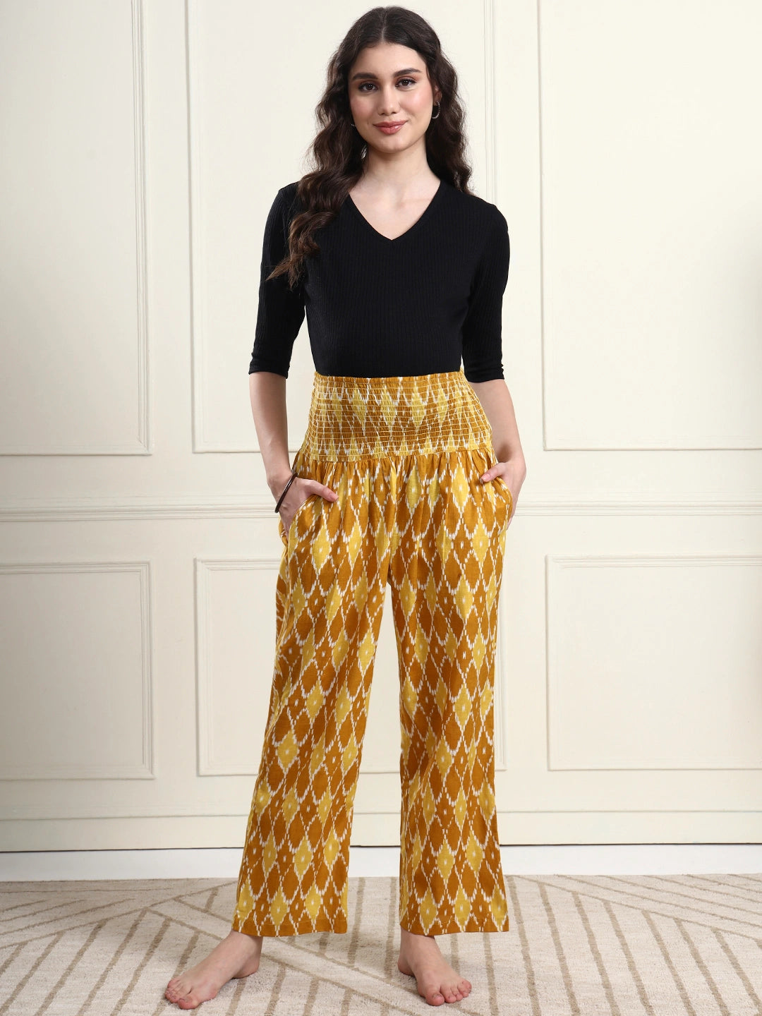 Frempy Yellow Ikat Diamond Print Pure Cotton Maternity Trousers