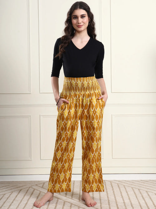 Frempy Yellow Ikat Diamond Print Pure Cotton Maternity Trousers