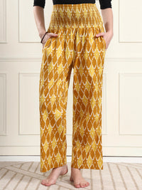 Frempy Yellow Ikat Diamond Print Pure Cotton Maternity Trousers
