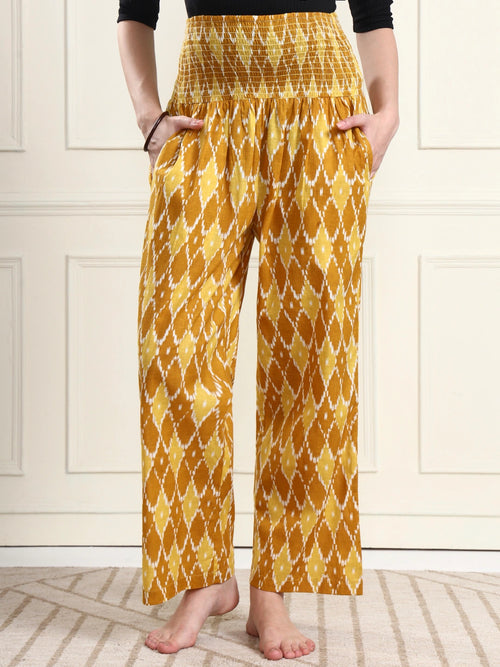 Frempy Yellow Ikat Diamond Print Pure Cotton Maternity Trousers