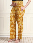 Frempy Yellow Ikat Diamond Print Pure Cotton Maternity Trousers