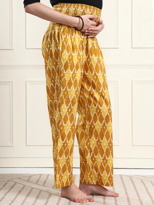 Frempy Yellow Ikat Diamond Print Pure Cotton Maternity Trousers