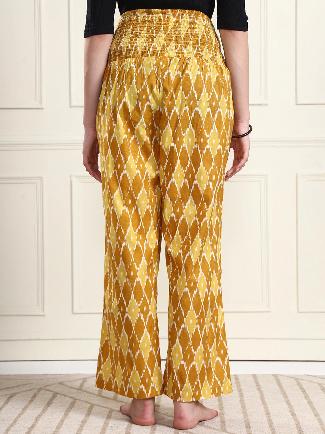 Frempy Yellow Ikat Diamond Print Pure Cotton Maternity Trousers