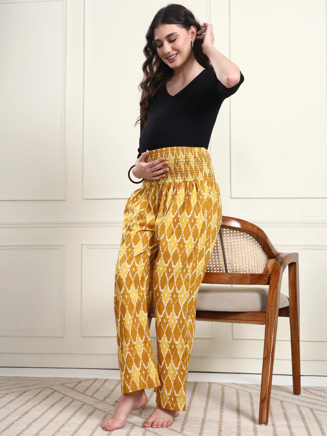 Frempy Yellow Ikat Diamond Print Pure Cotton Maternity Trousers
