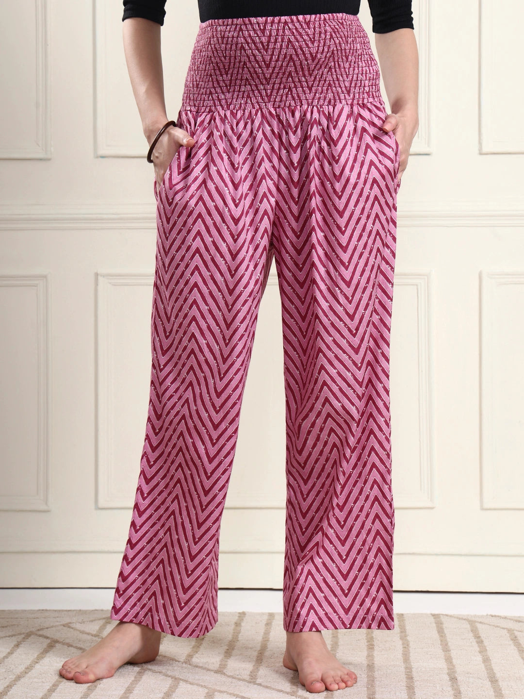 Frempy Women Pink Chevron Smocked Waist Pure Cotton Maternity Trousers
