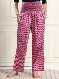 Frempy Women Pink Chevron Smocked Waist Pure Cotton Maternity Trousers