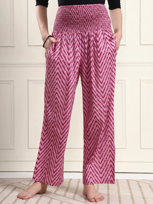 Frempy Women Pink Chevron Smocked Waist Pure Cotton Maternity Trousers