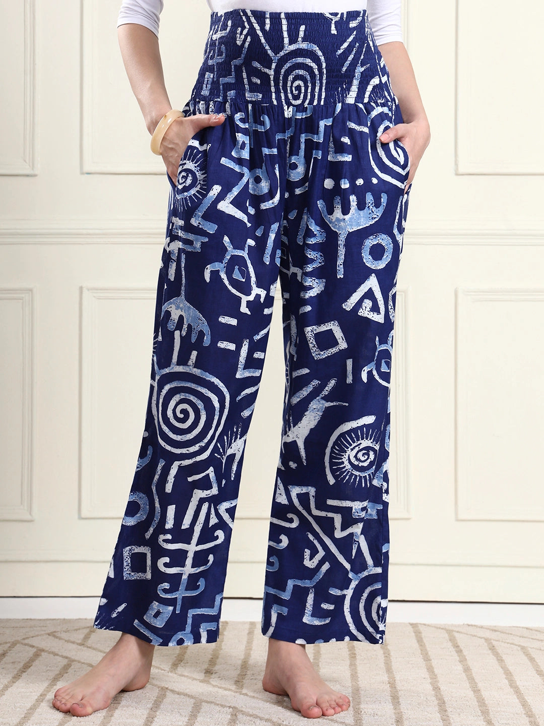 Navy Blue Abstract Print Pure Cotton Maternity Trousers