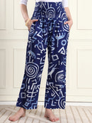 Navy Blue Abstract Print Pure Cotton Maternity Trousers