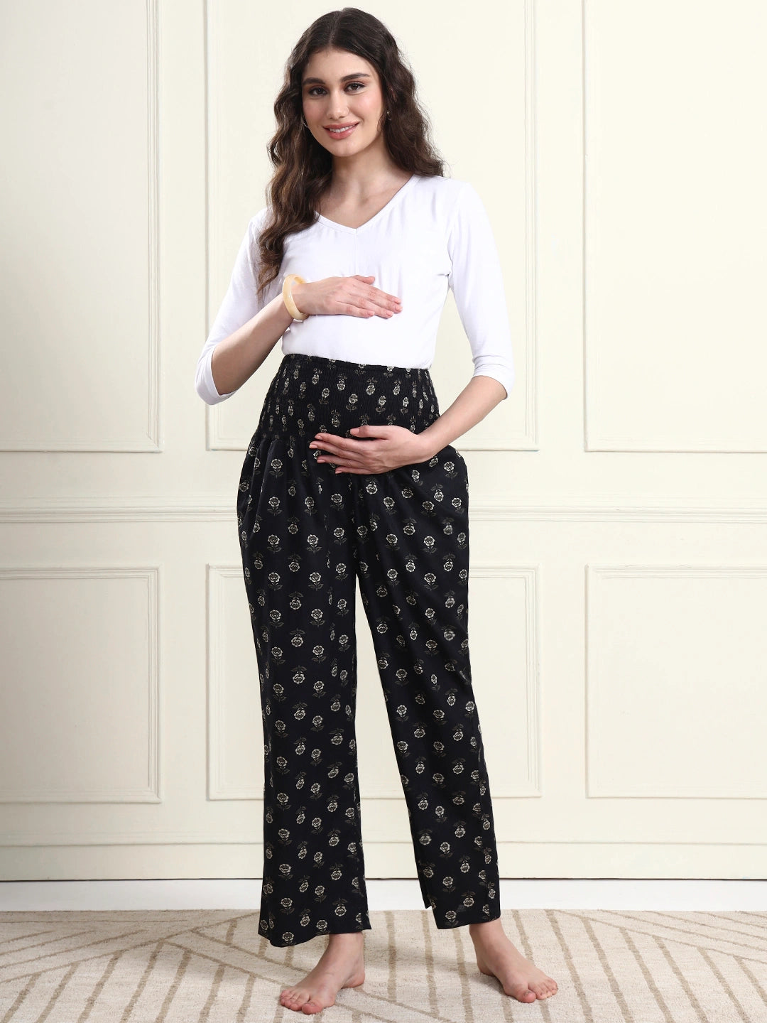 Frempy Black Floral Motif Print Smocked Waist Pure Cotton Maternity Trousers