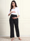 Frempy Black Floral Motif Print Smocked Waist Pure Cotton Maternity Trousers