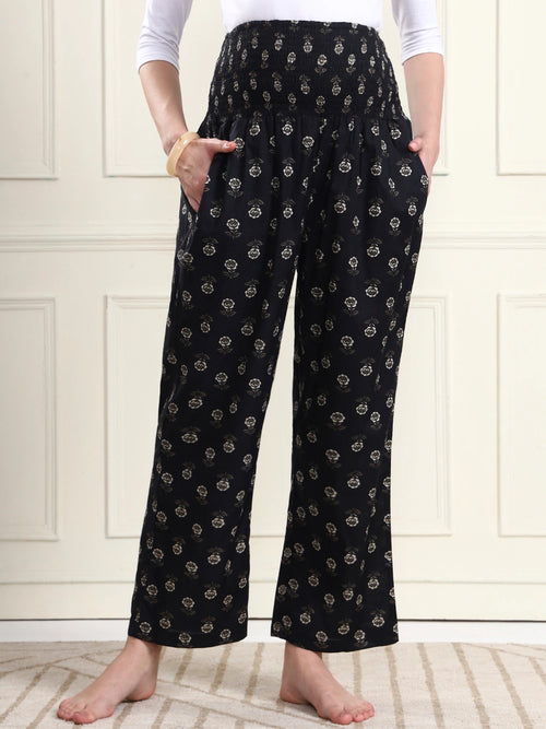 Frempy Black Floral Motif Print Smocked Waist Pure Cotton Maternity Trousers