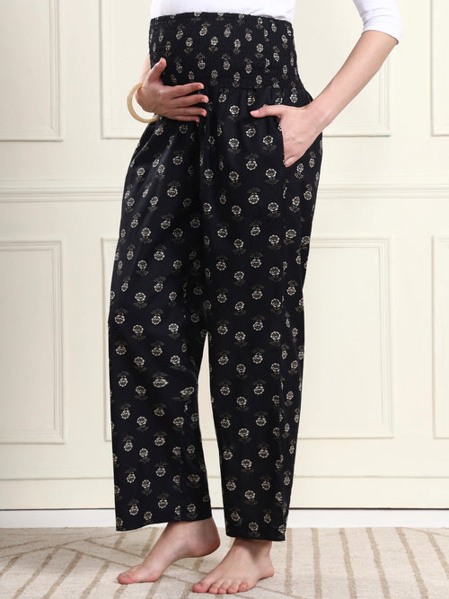 Frempy Black Floral Motif Print Smocked Waist Pure Cotton Maternity Trousers