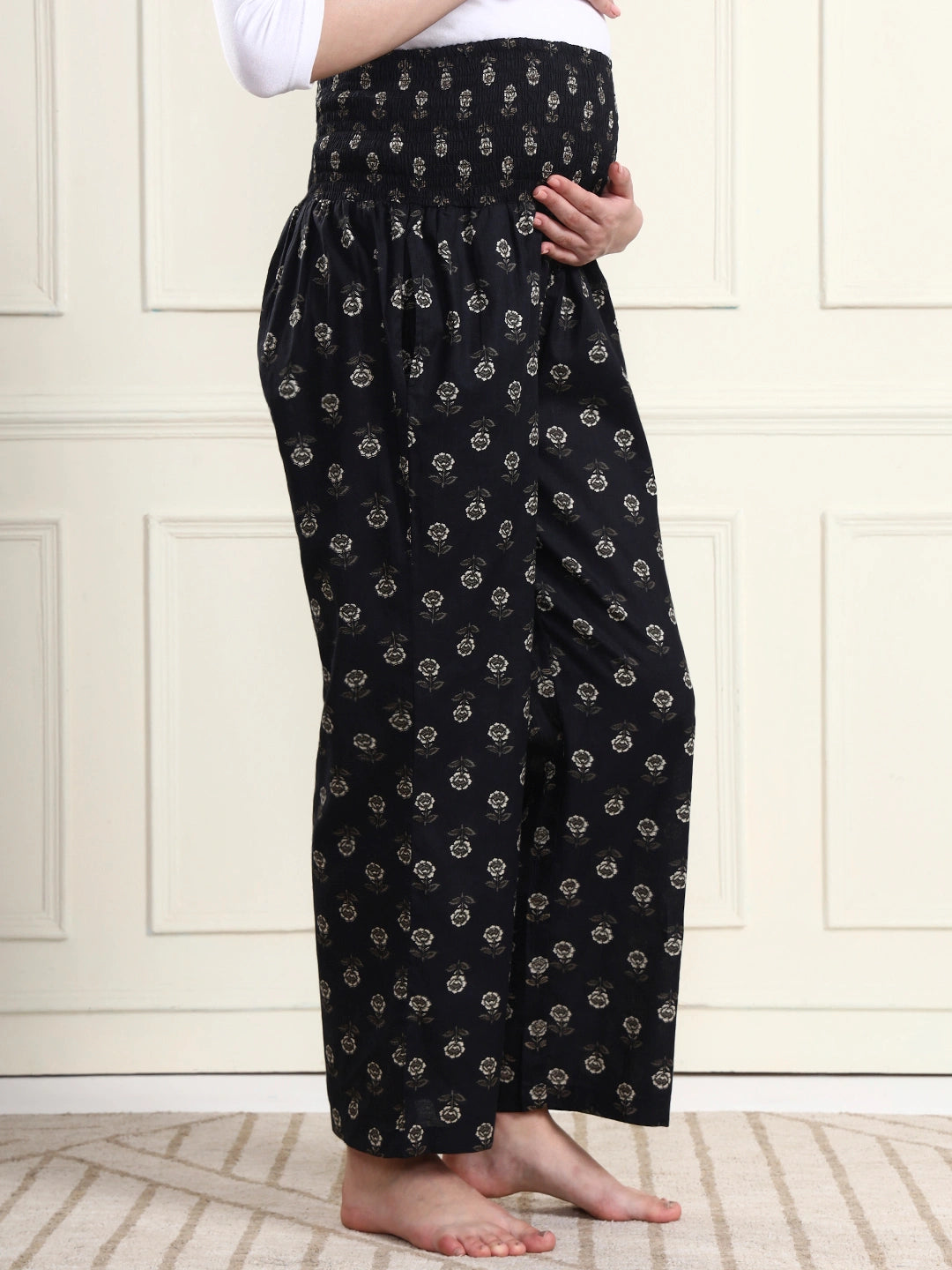 Frempy Black Floral Motif Print Smocked Waist Pure Cotton Maternity Trousers
