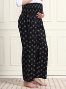 Frempy Black Floral Motif Print Smocked Waist Pure Cotton Maternity Trousers