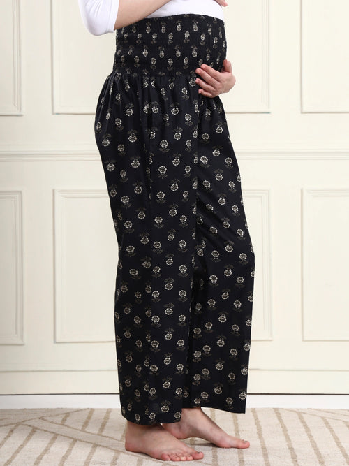 Frempy Black Floral Motif Print Smocked Waist Pure Cotton Maternity Trousers