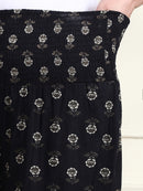 Frempy Black Floral Motif Print Smocked Waist Pure Cotton Maternity Trousers