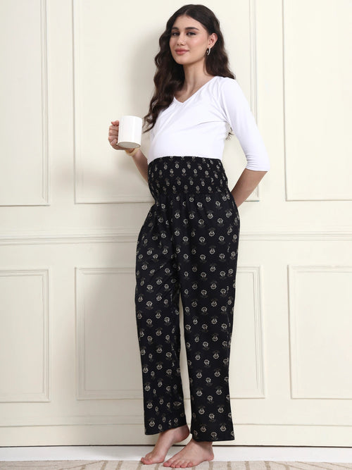 Frempy Black Floral Motif Print Smocked Waist Pure Cotton Maternity Trousers