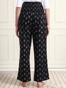 Frempy Black Floral Motif Print Smocked Waist Pure Cotton Maternity Trousers