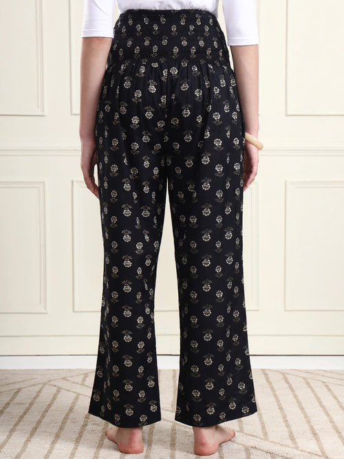 Frempy Black Floral Motif Print Smocked Waist Pure Cotton Maternity Trousers
