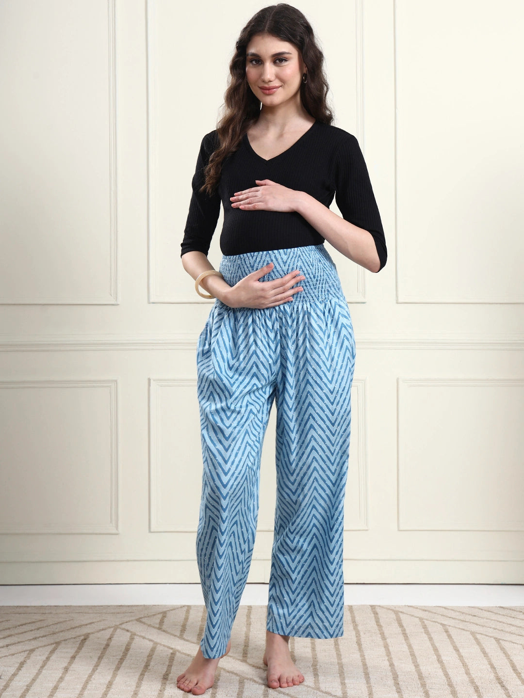 Frempy Women Teal Blue Striped Smocked Waist Pure Cotton Maternity Trousers