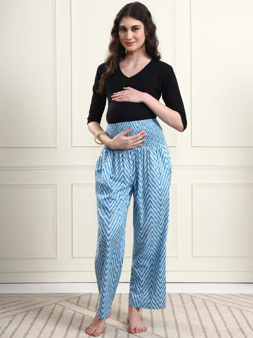 Frempy Women Teal Blue Striped Smocked Waist Pure Cotton Maternity Trousers