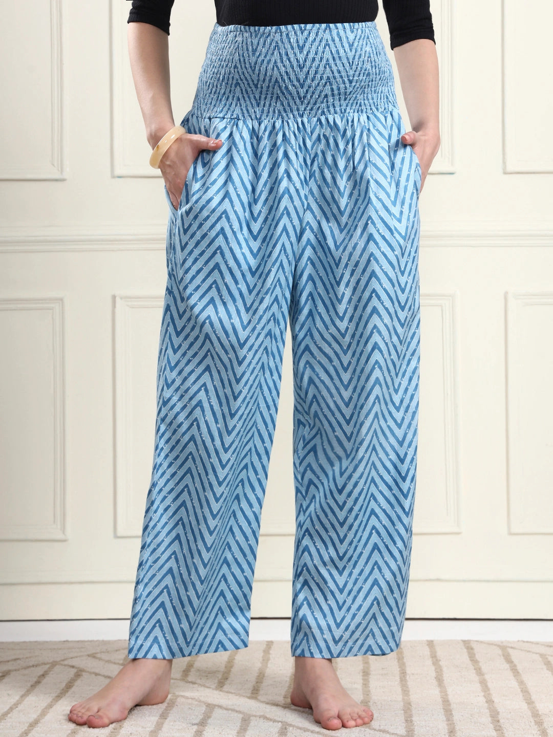 Frempy Women Teal Blue Striped Smocked Waist Pure Cotton Maternity Trousers