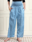 Frempy Women Teal Blue Striped Smocked Waist Pure Cotton Maternity Trousers