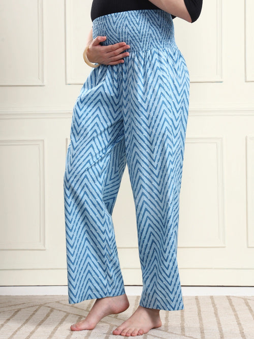 Frempy Women Teal Blue Striped Smocked Waist Pure Cotton Maternity Trousers