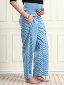 Frempy Women Teal Blue Striped Smocked Waist Pure Cotton Maternity Trousers