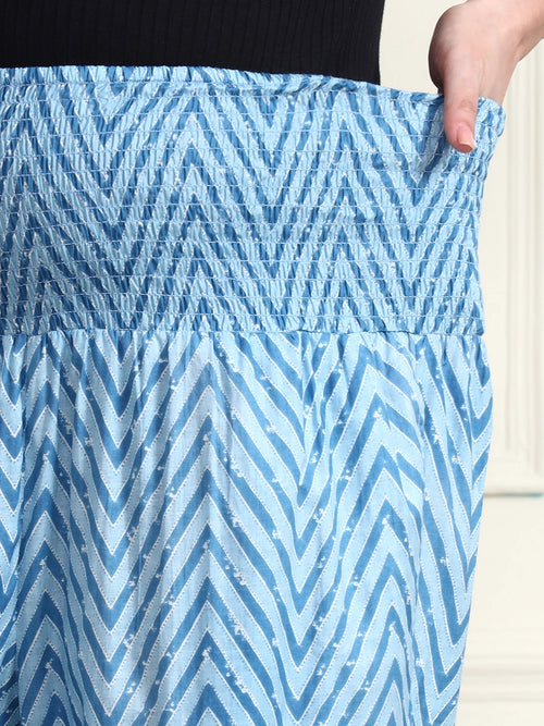 Frempy Women Teal Blue Striped Smocked Waist Pure Cotton Maternity Trousers