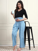Frempy Women Teal Blue Striped Smocked Waist Pure Cotton Maternity Trousers