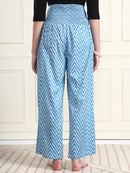 Frempy Women Teal Blue Striped Smocked Waist Pure Cotton Maternity Trousers
