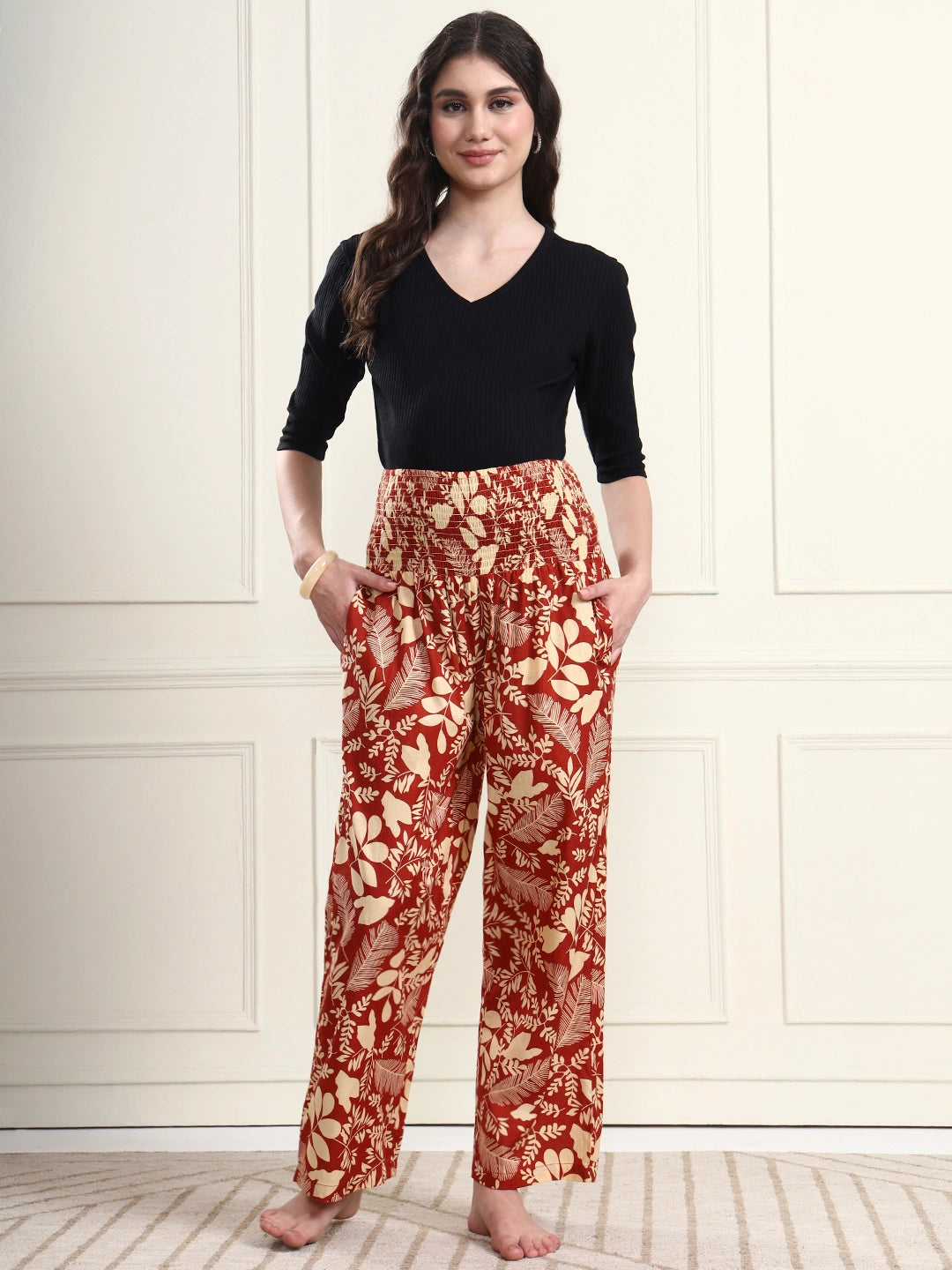 Frempy Women Rust Red Floral Print Pure Cotton Maternity Trousers