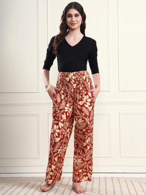 Frempy Women Rust Red Floral Print Pure Cotton Maternity Trousers