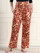 Frempy Women Rust Red Floral Print Pure Cotton Maternity Trousers