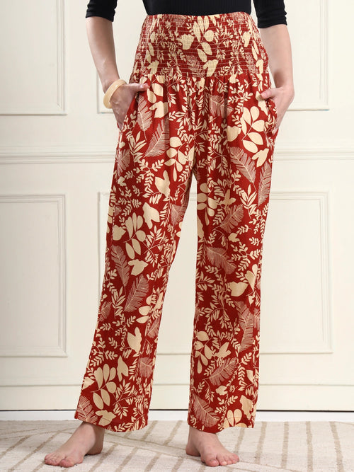 Frempy Women Rust Red Floral Print Pure Cotton Maternity Trousers