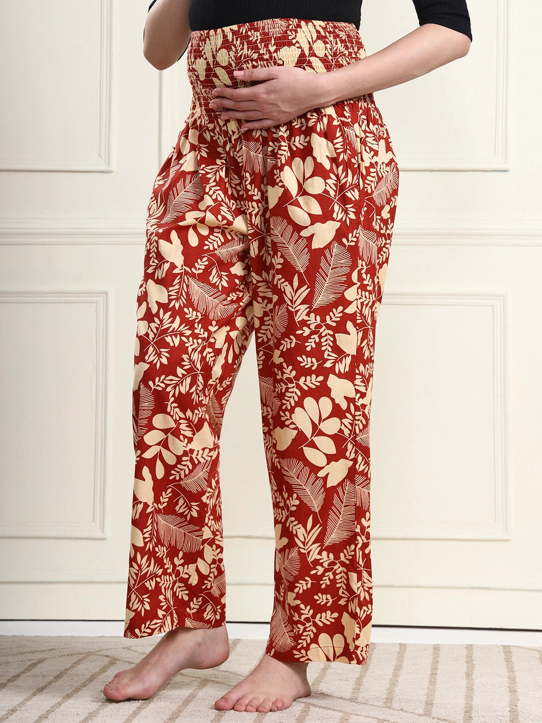 Frempy Women Rust Red Floral Print Pure Cotton Maternity Trousers