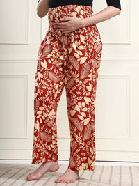 Frempy Women Rust Red Floral Print Pure Cotton Maternity Trousers