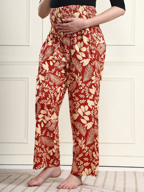 Frempy Women Rust Red Floral Print Pure Cotton Maternity Trousers