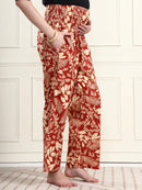 Frempy Women Rust Red Floral Print Pure Cotton Maternity Trousers