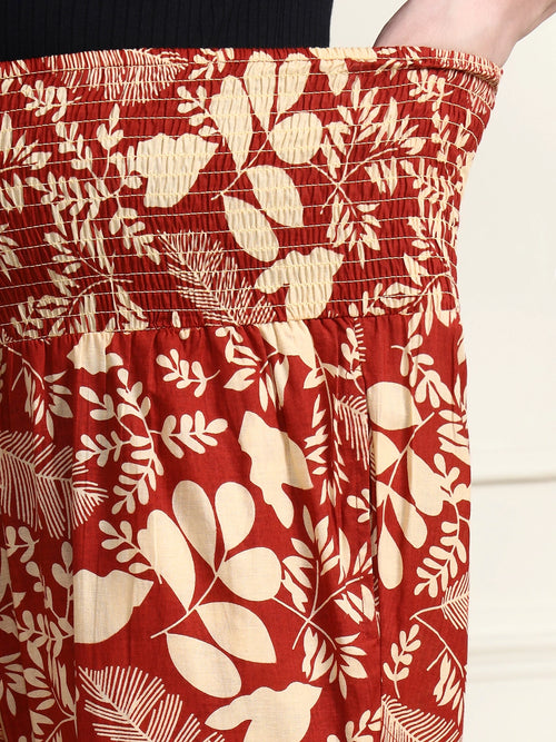Frempy Women Rust Red Floral Print Pure Cotton Maternity Trousers