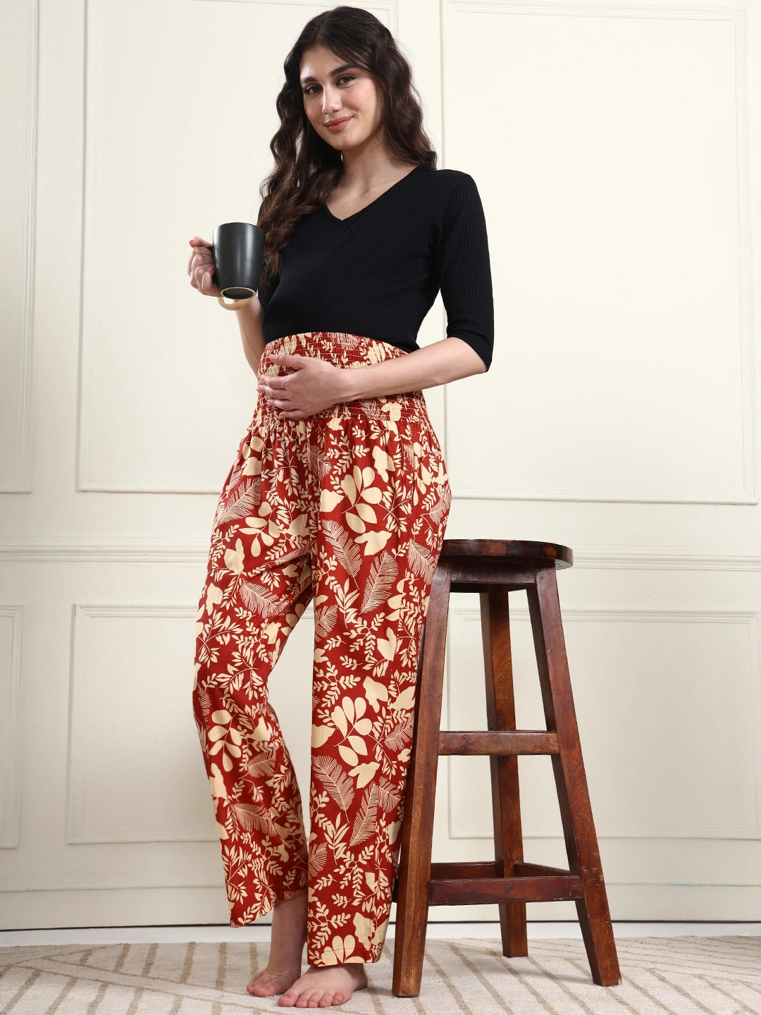 Frempy Women Rust Red Floral Print Pure Cotton Maternity Trousers