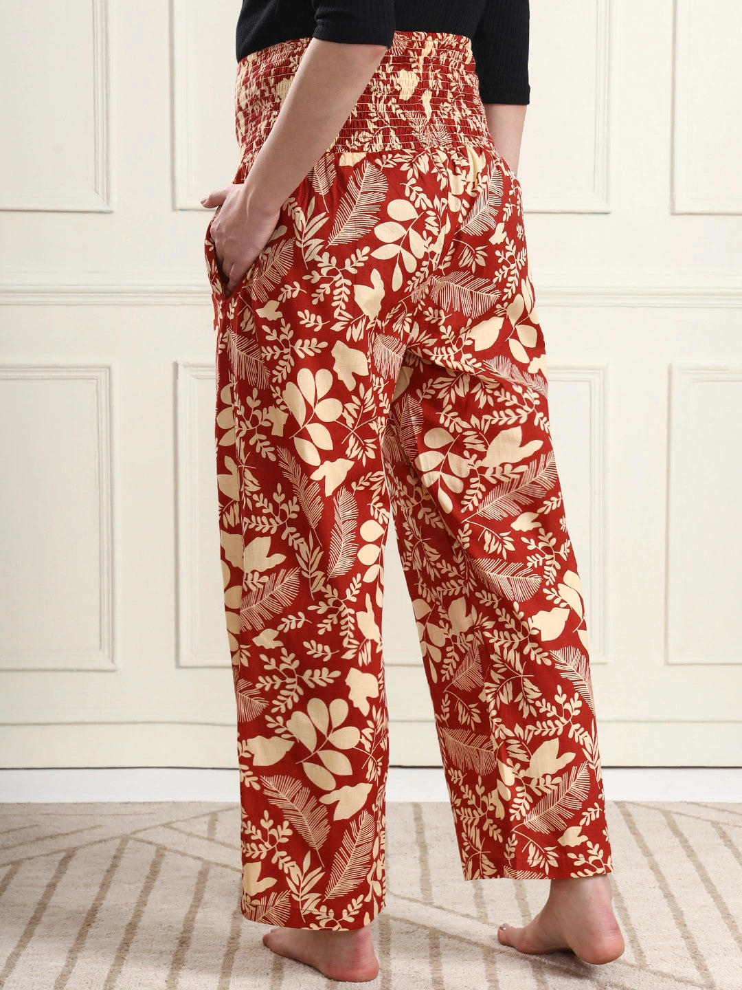 Frempy Women Rust Red Floral Print Pure Cotton Maternity Trousers